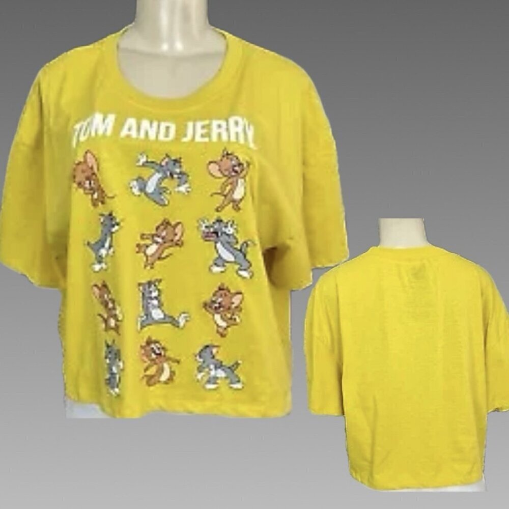 WB Tom & Jerry XXL Yellow Crew Neck Multiple Poses Graphic Short Sleeve Crop Tee